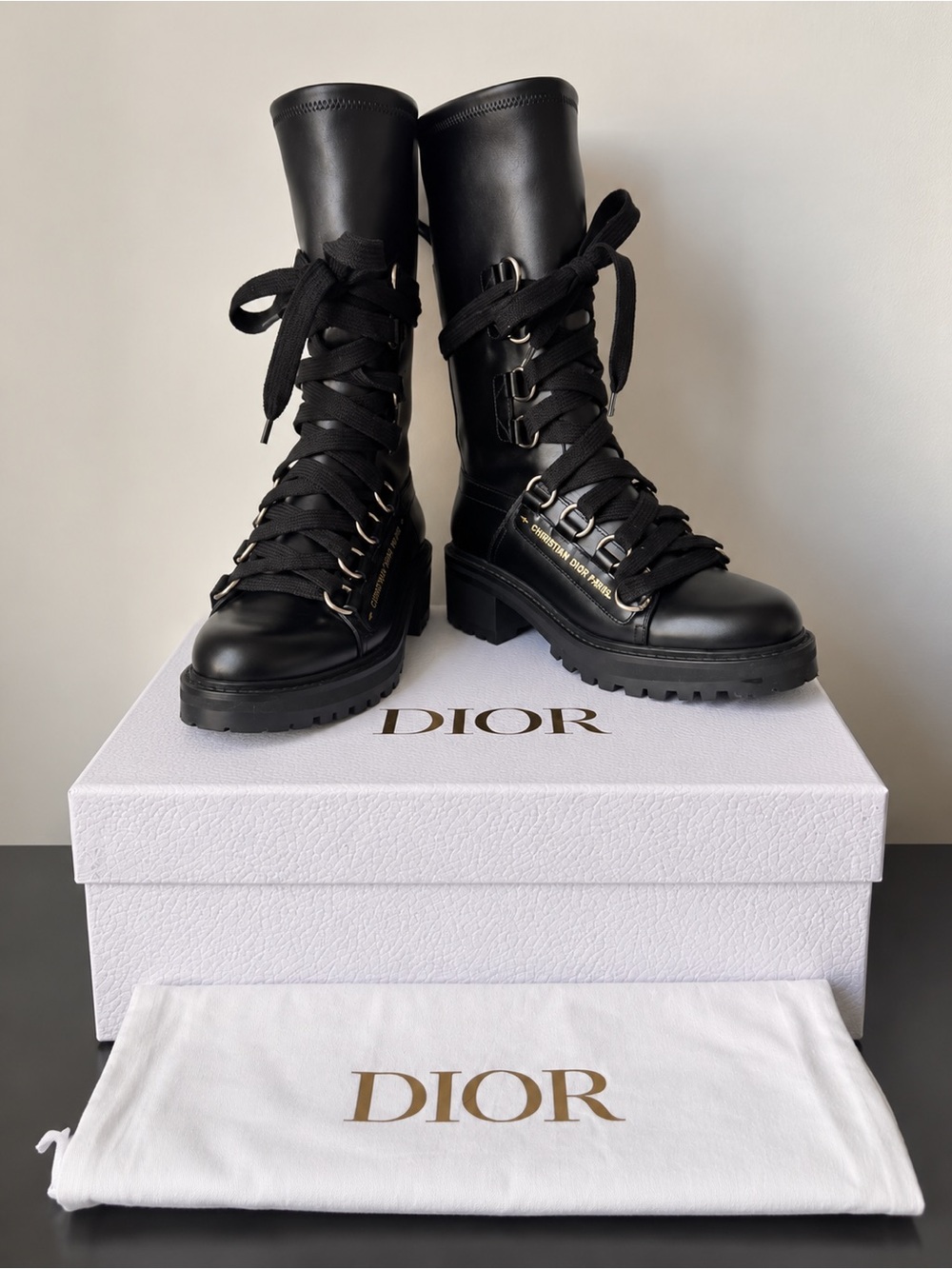 Dior Black Leather Tall Lace-Up Lug Boots with Metal Eyelets